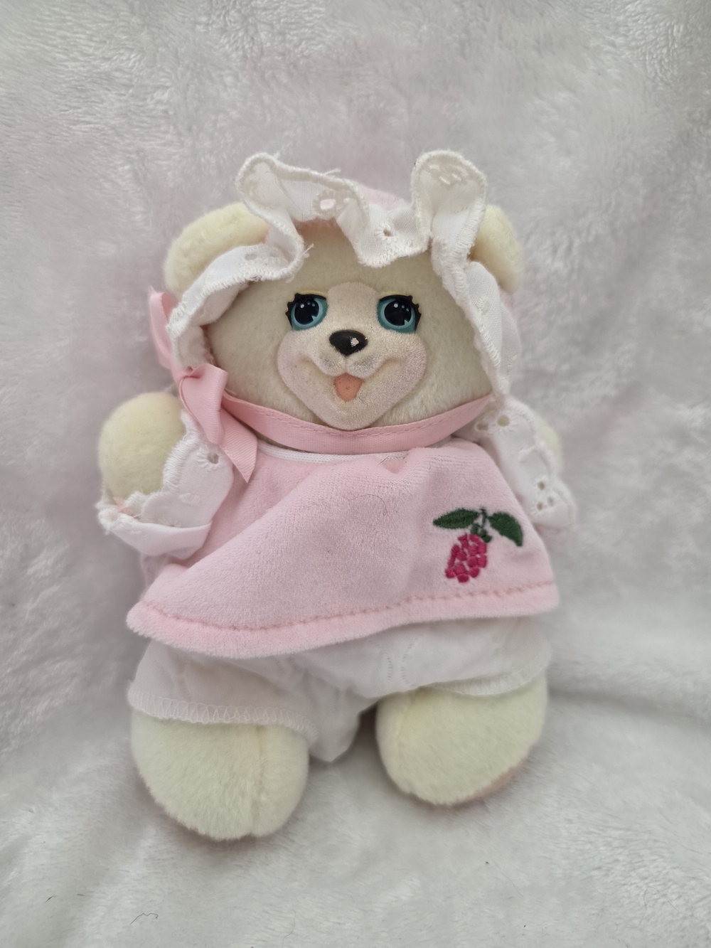 Vintage 1999 Fisher-Price Baby Julie Berry Teddy Bear Plush Pink Bonnet Dress